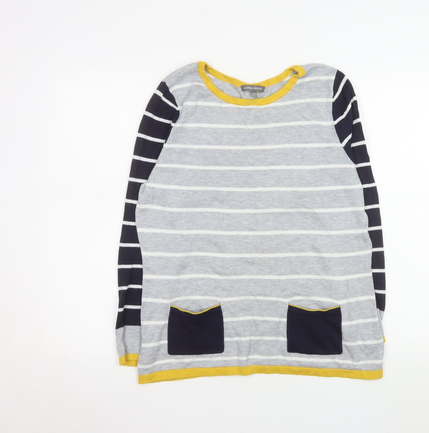 Laura Ashley Women’s Grey Striped Cardigan Size 14 Cotton Knit