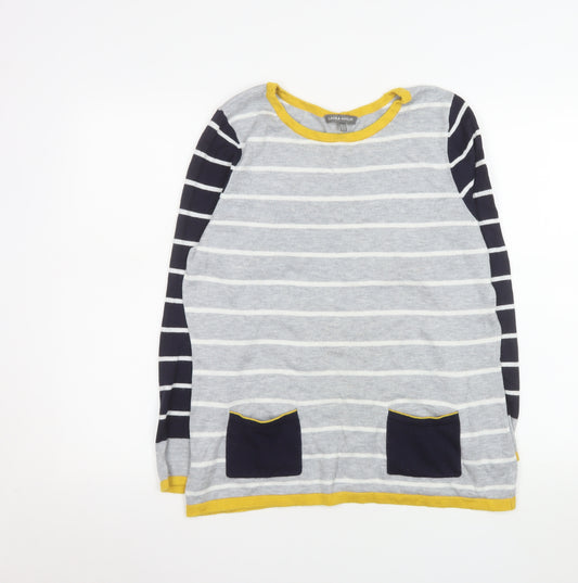 Laura Ashley Women’s Grey Striped Cardigan Size 14 Cotton Knit