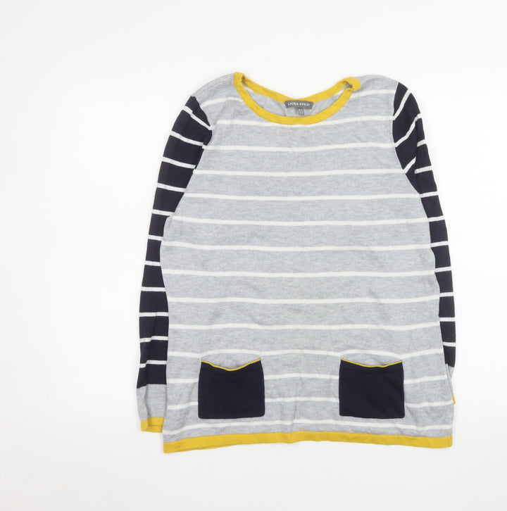 Laura Ashley Women’s Grey Striped Cardigan Size 14 Cotton Knit