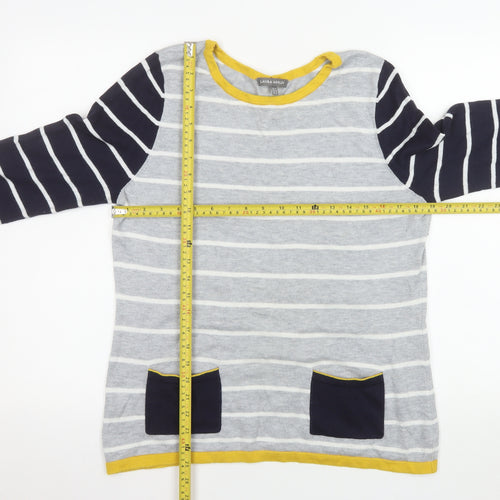 Laura Ashley Women’s Grey Striped Cardigan Size 14 Cotton Knit