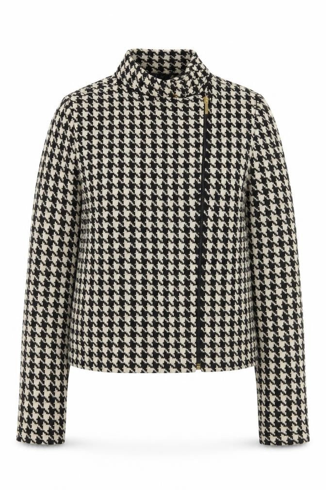 Front view of Chaps Women's Black Houndstooth Cotton Biker Jacket, size S
