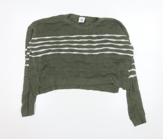 Cabi Women’s Green Striped Open-Knit Crew Neck Jumper XS