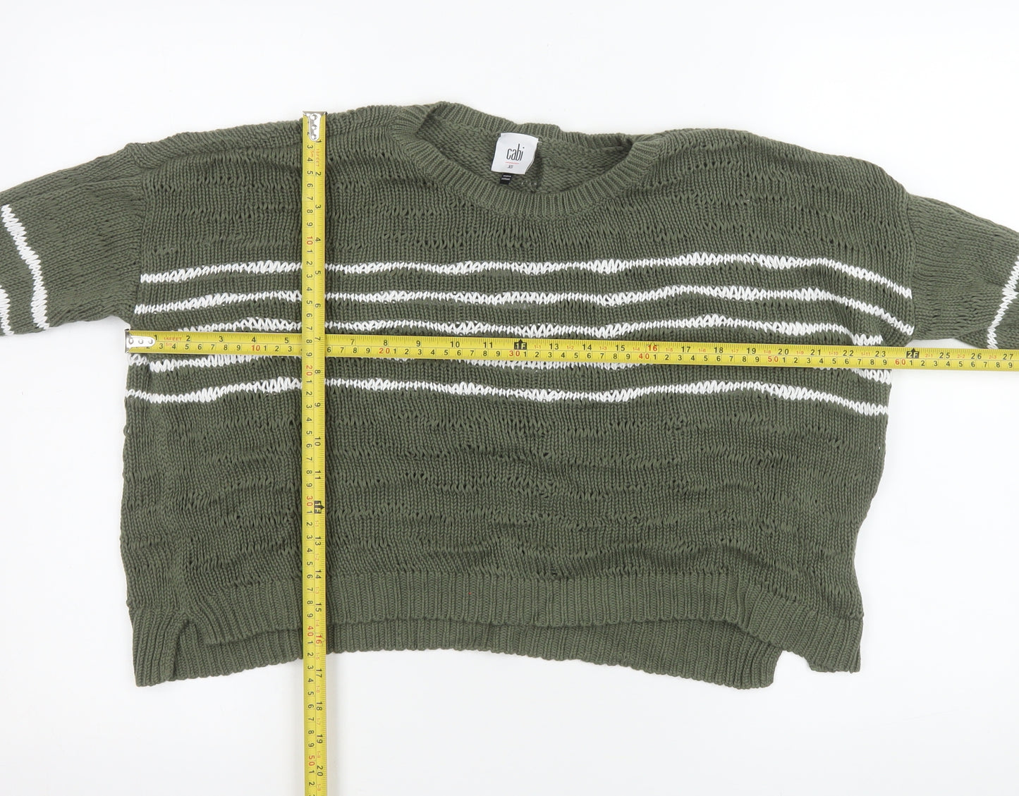 Cabi Women’s Green Striped Open-Knit Crew Neck Jumper XS