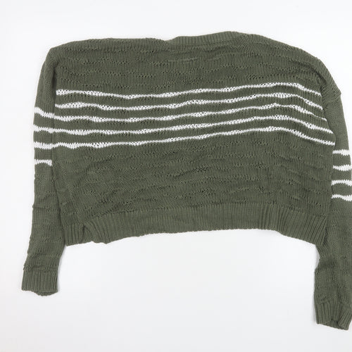 Cabi Women’s Green Striped Open-Knit Crew Neck Jumper XS