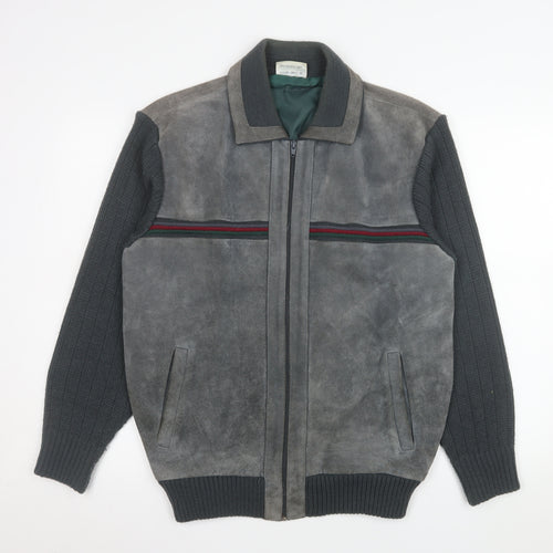 Greenwoods Mens Grey Leather Knit Bomber Jacket Size 42 Regular