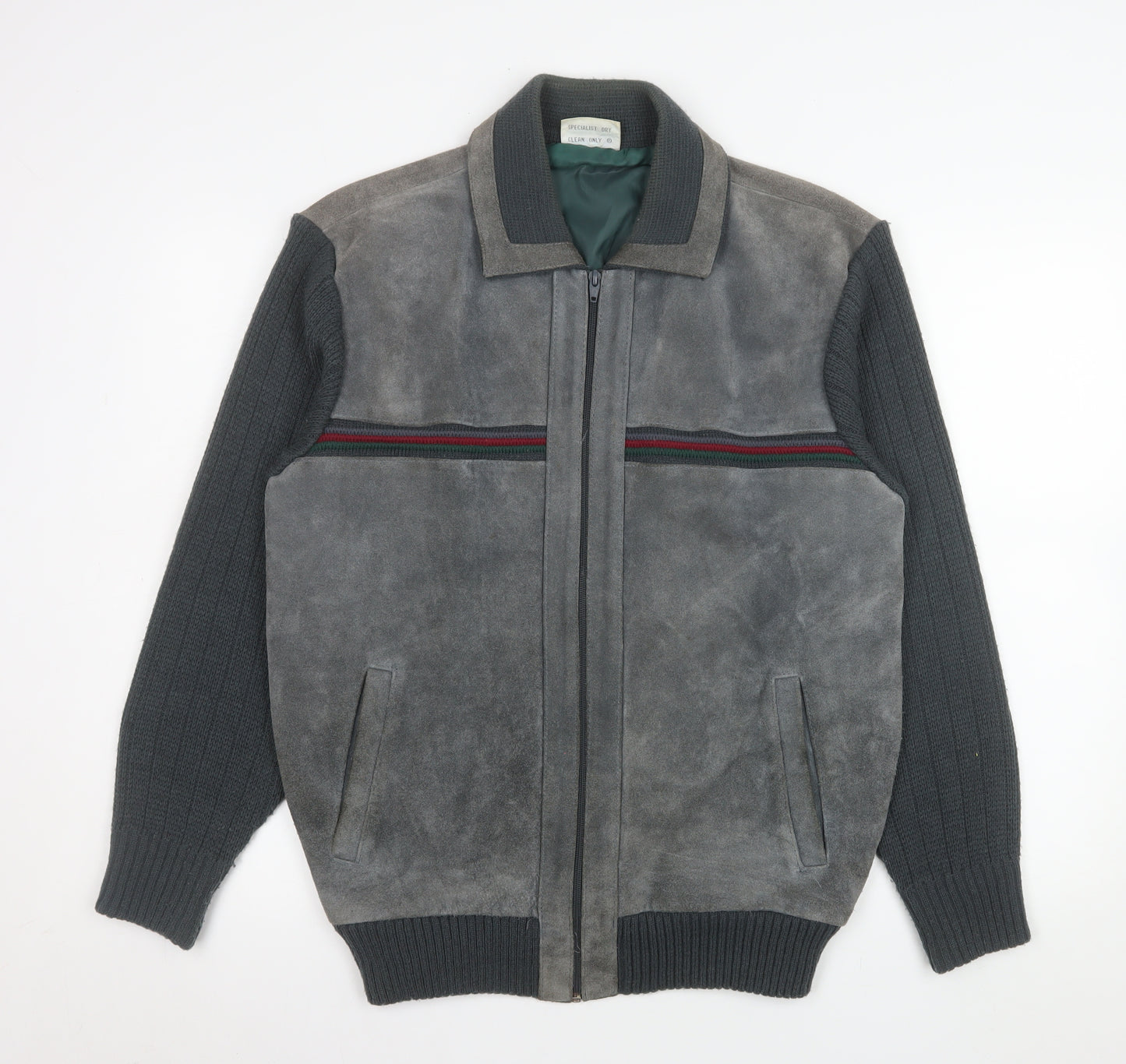 Greenwoods Mens Grey Leather Knit Bomber Jacket Size 42 Regular