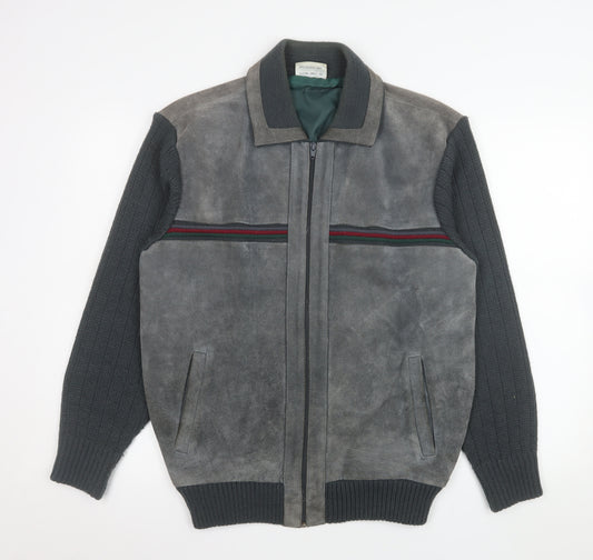Greenwoods Mens Grey Leather Knit Bomber Jacket Size 42 Regular