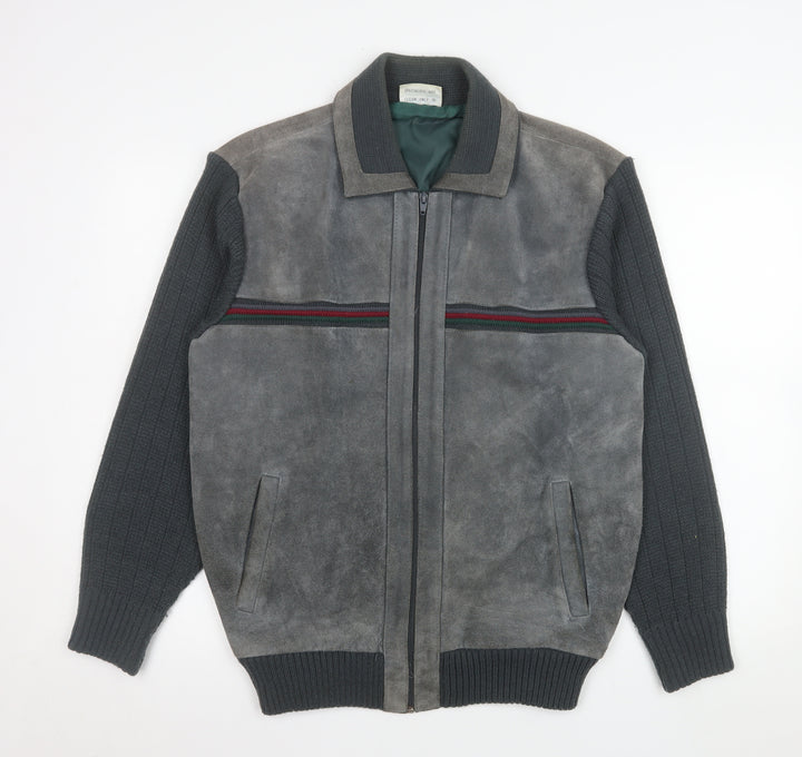 Greenwoods Mens Grey Leather Knit Bomber Jacket Size 42 Regular