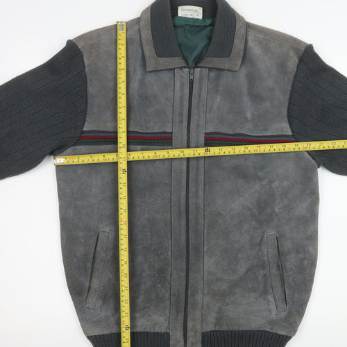 Greenwoods Mens Grey Leather Knit Bomber Jacket Size 42 Regular