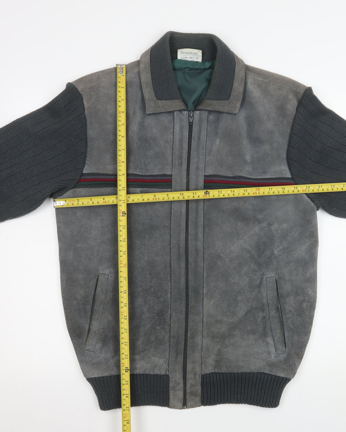 Greenwoods Mens Grey Leather Knit Bomber Jacket Size 42 Regular