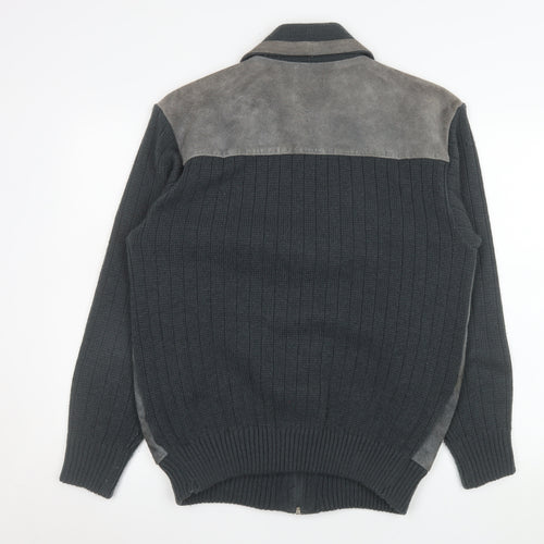 Greenwoods Mens Grey Leather Knit Bomber Jacket Size 42 Regular