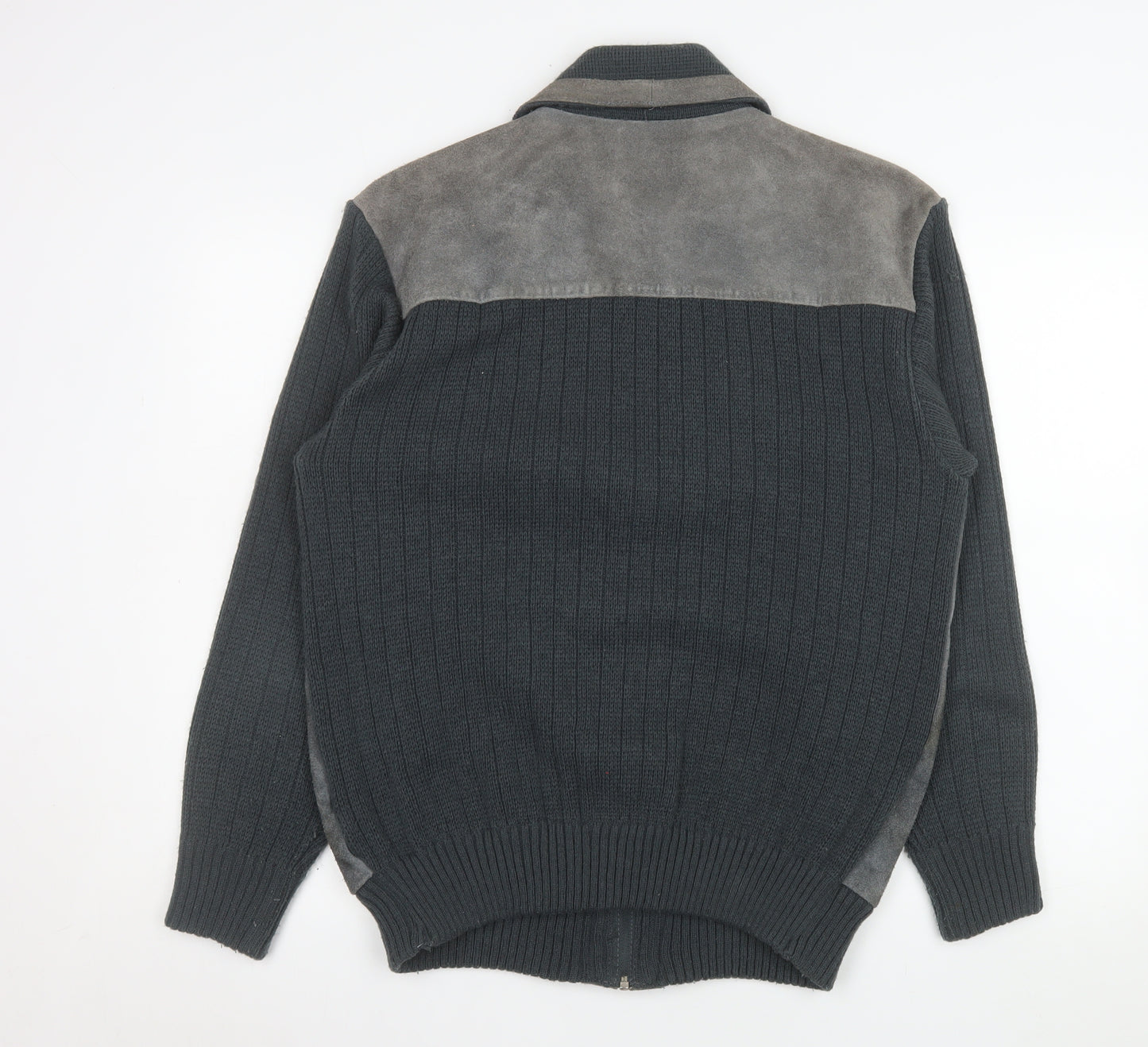 Greenwoods Mens Grey Leather Knit Bomber Jacket Size 42 Regular