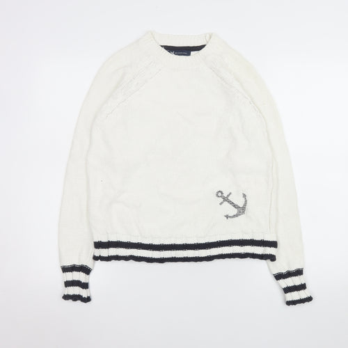 Crew Clothing Company Women White Anchor Knit Jumper Size 10 Cotton Blend