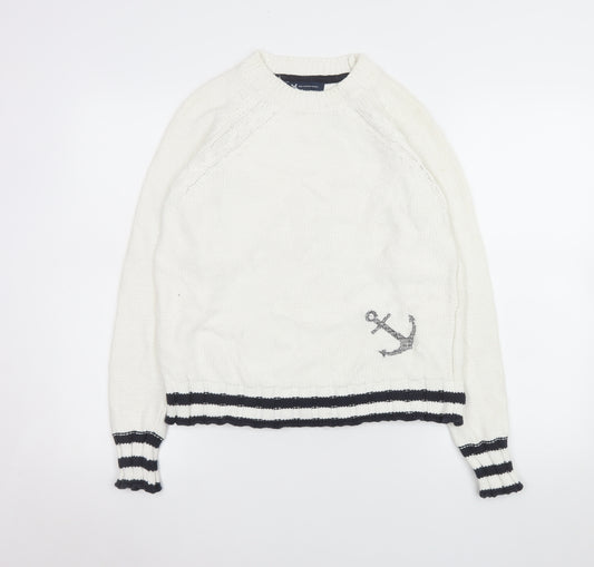 Crew Clothing Company Women White Anchor Knit Jumper Size 10 Cotton Blend