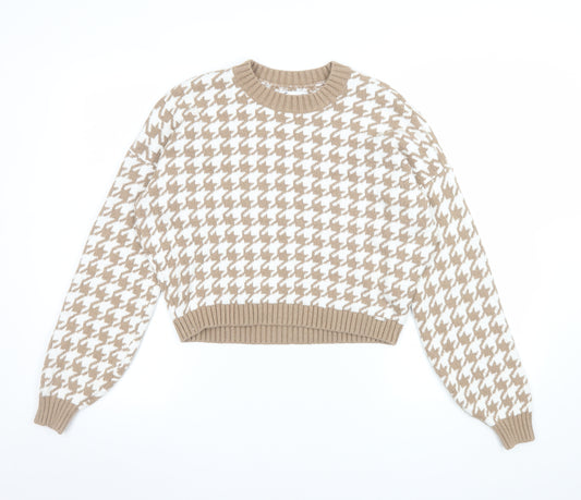 Hollister Women Beige Houndstooth Knit Pullover Jumper Size S