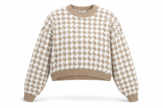 Front view of Hollister Women Beige Houndstooth Knit jumper, size S