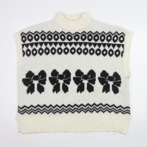 NEXT Womens Ivory Black Bow Knit Sleeveless Mock Neck Vest XL