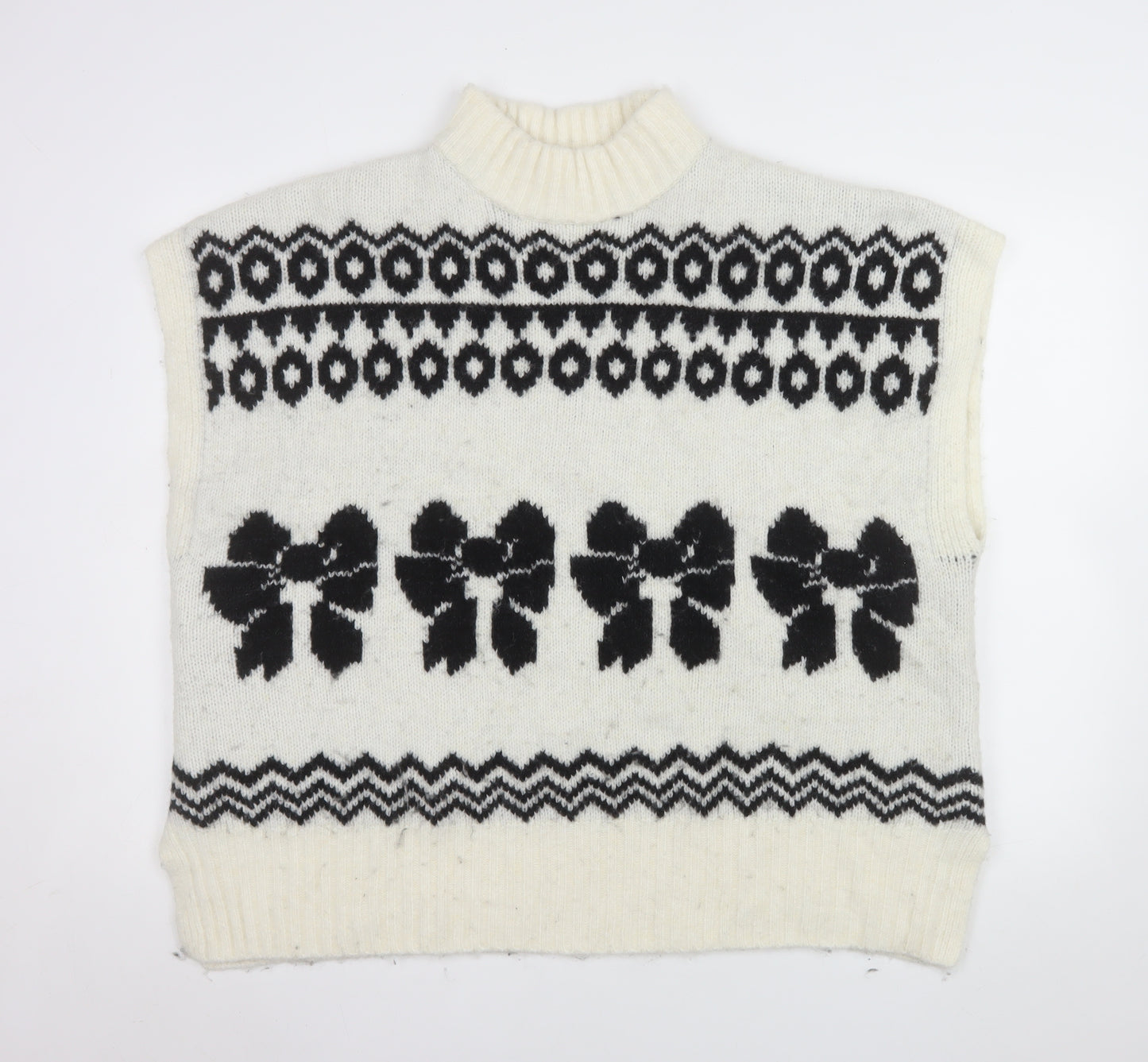 NEXT Womens Ivory Black Bow Knit Sleeveless Mock Neck Vest XL