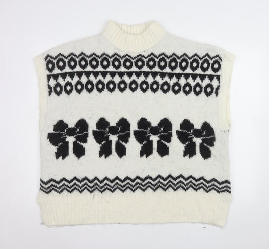NEXT Womens Ivory Black Bow Knit Sleeveless Mock Neck Vest XL