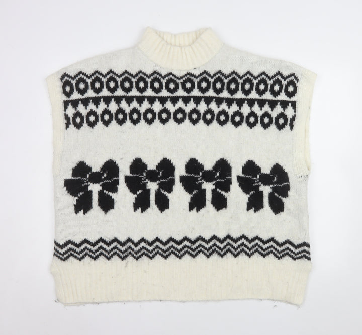 NEXT Womens Ivory Black Bow Knit Sleeveless Mock Neck Vest XL