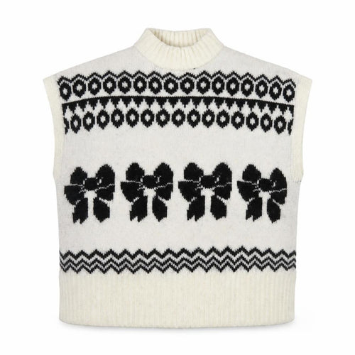 NEXT Womens Ivory Black Bow Knit Sleeveless Mock Neck Vest XL
