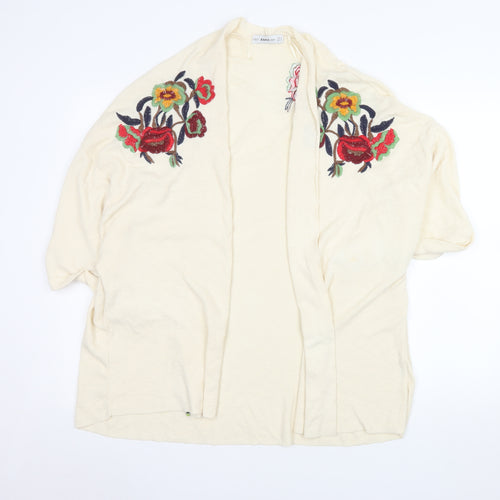 Zara Women Ivory Floral Embroidered Knit Cardigan Size 12