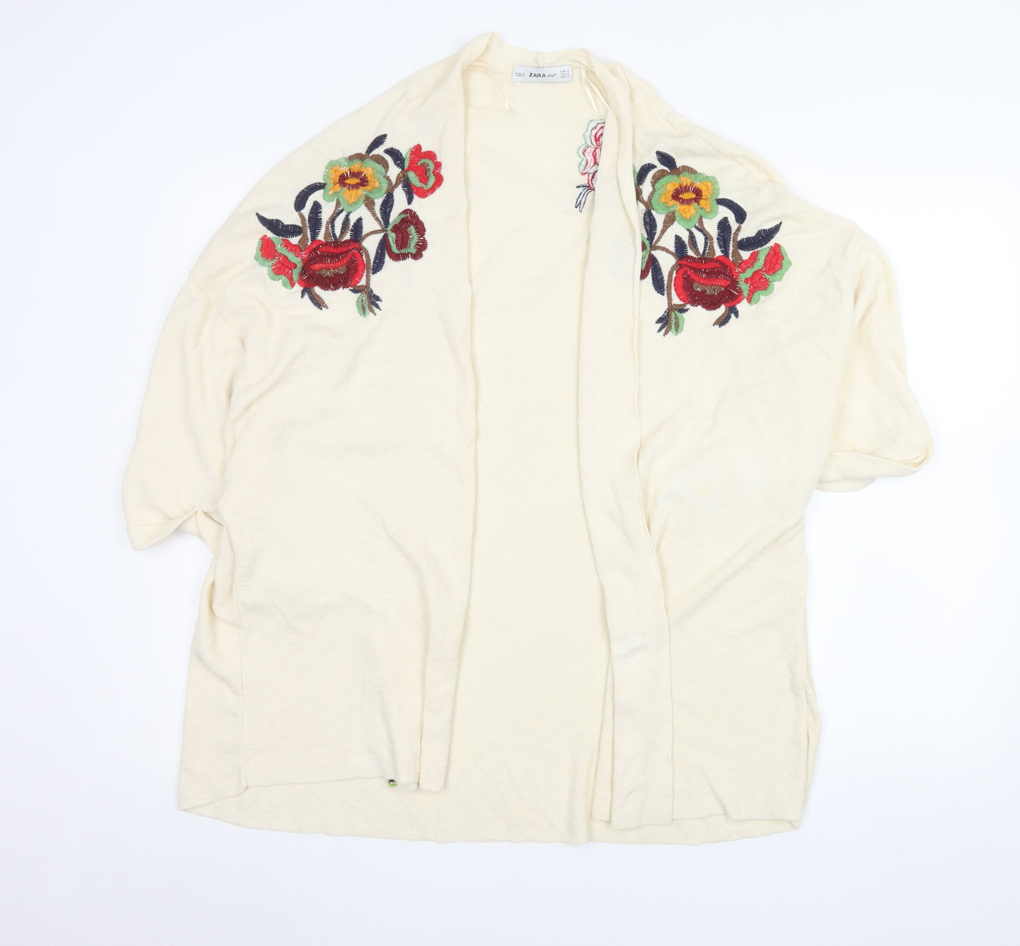 Zara Women Ivory Floral Embroidered Knit Cardigan Size 12