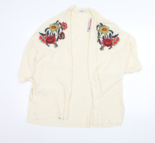Zara Women Ivory Floral Embroidered Knit Cardigan Size 12