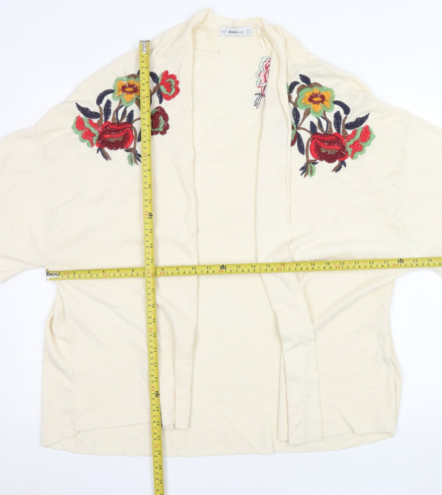 Zara Women Ivory Floral Embroidered Knit Cardigan Size 12