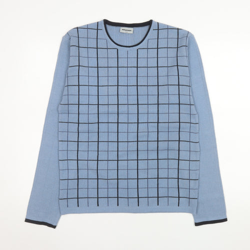 m2m Men's Blue Check Knit Crew Neck Acrylic Jumper Size S