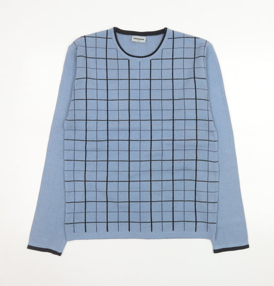 m2m Men's Blue Check Knit Crew Neck Acrylic Jumper Size S