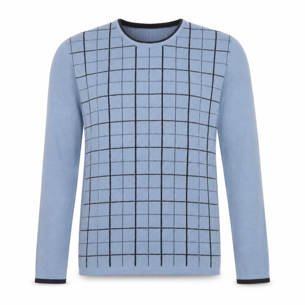 Front view of m2m Men's Blue Check Knit Crew Neck Acrylic Jumper, size S