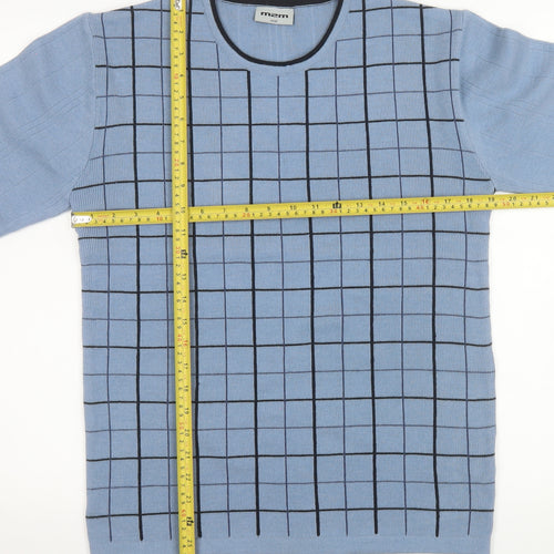 m2m Men's Blue Check Knit Crew Neck Acrylic Jumper Size S