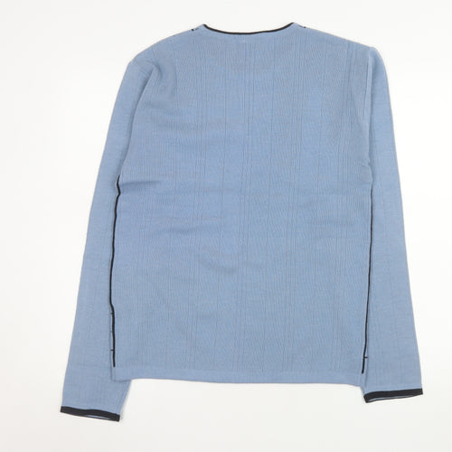 m2m Men's Blue Check Knit Crew Neck Acrylic Jumper Size S