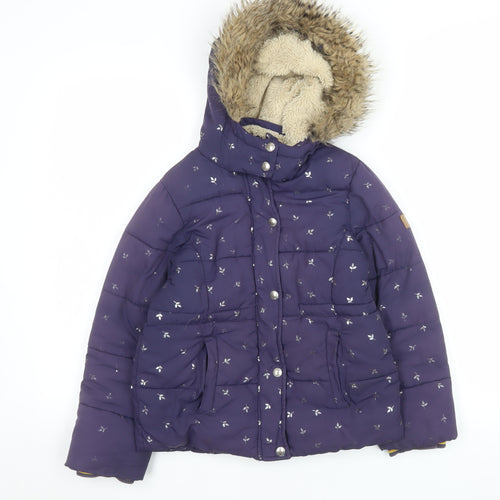 Joules Girls Purple Floral Puffer Jacket 7-8 Years Hooded Winter Coat