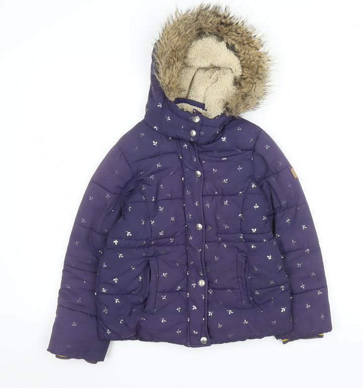 Joules Girls Purple Floral Puffer Jacket 7-8 Years Hooded Winter Coat