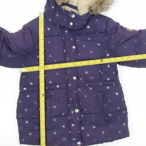 Joules Girls Purple Floral Puffer Jacket 7-8 Years Hooded Winter Coat