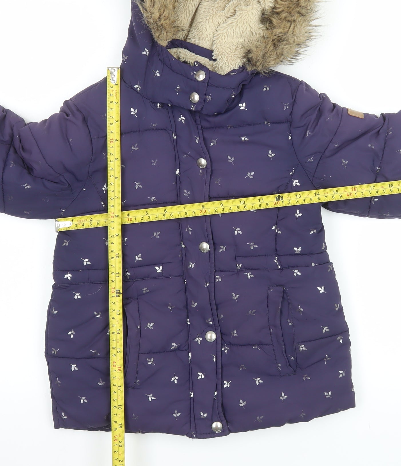 Joules Girls Purple Floral Puffer Jacket 7-8 Years Hooded Winter Coat
