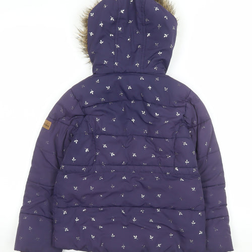 Joules Girls Purple Floral Puffer Jacket 7-8 Years Hooded Winter Coat