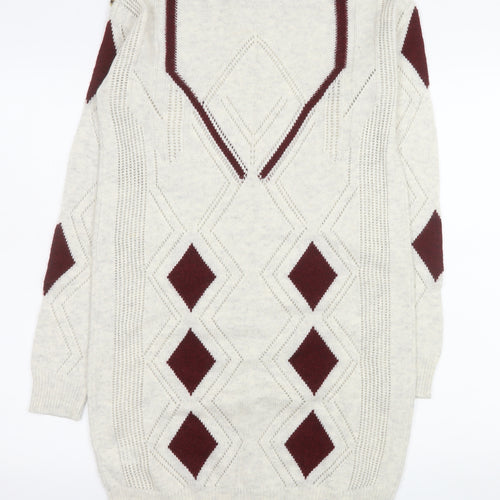 Next Women Beige Argyle Long Sleeve Knit Jumper Dress Size 10