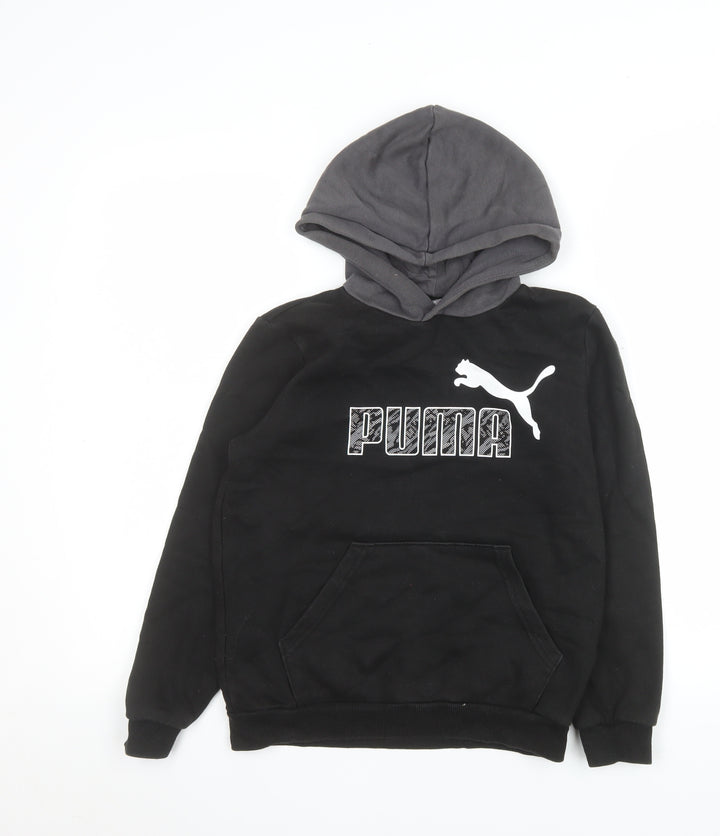 Puma Boys Black Pullover Hoodie 11-12 Years Fleece Logo Sweatshirt