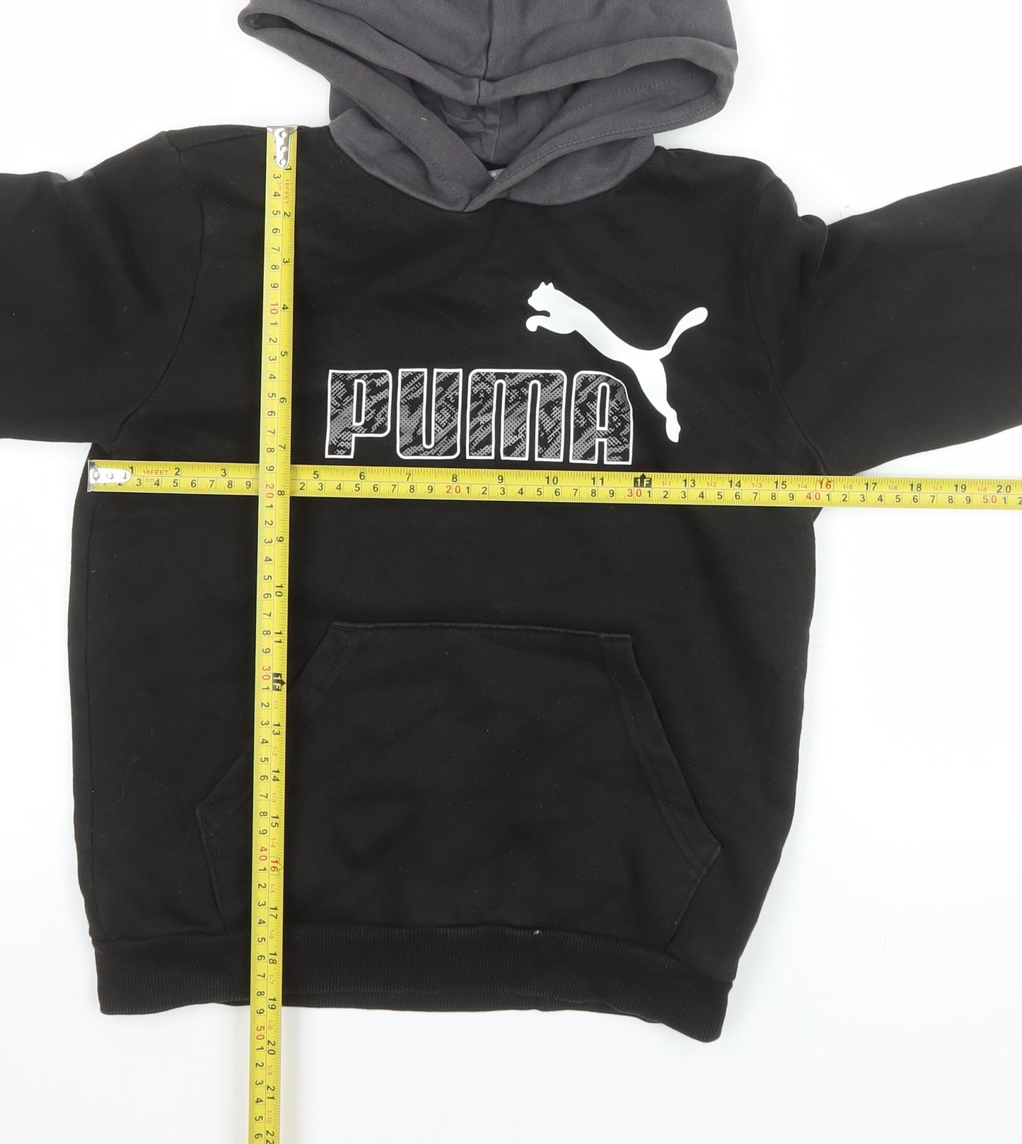 Puma Boys Black Pullover Hoodie 11-12 Years Fleece Logo Sweatshirt