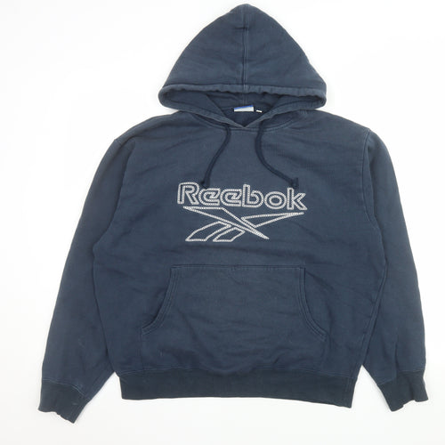 Reebok Men Blue Pullover Hoodie L Fleece Logo Sportswear