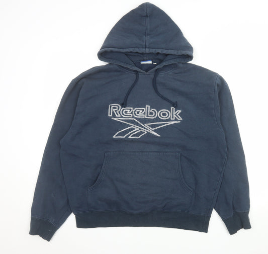 Reebok Men Blue Pullover Hoodie L Fleece Logo Sportswear