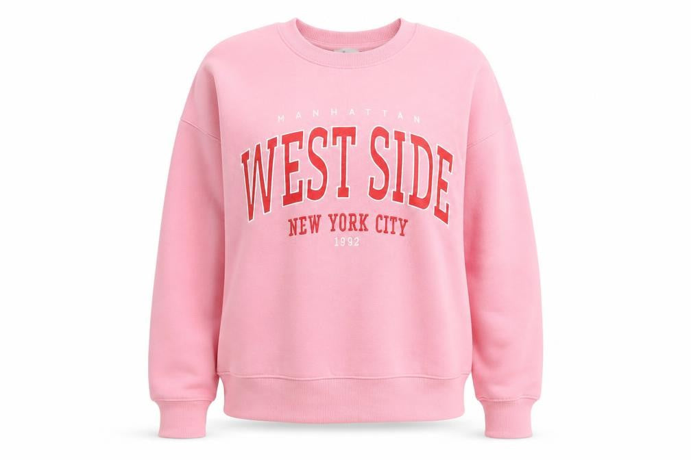 Front view of H&M women’s pink west side new york city pullover sweatshirt, size S