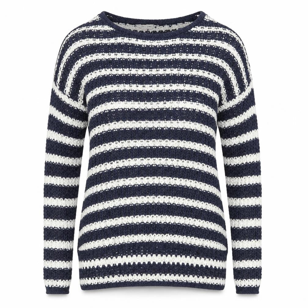 Front view of Phase Eight Women's Blue White Striped Open-Knit Jumper, size S