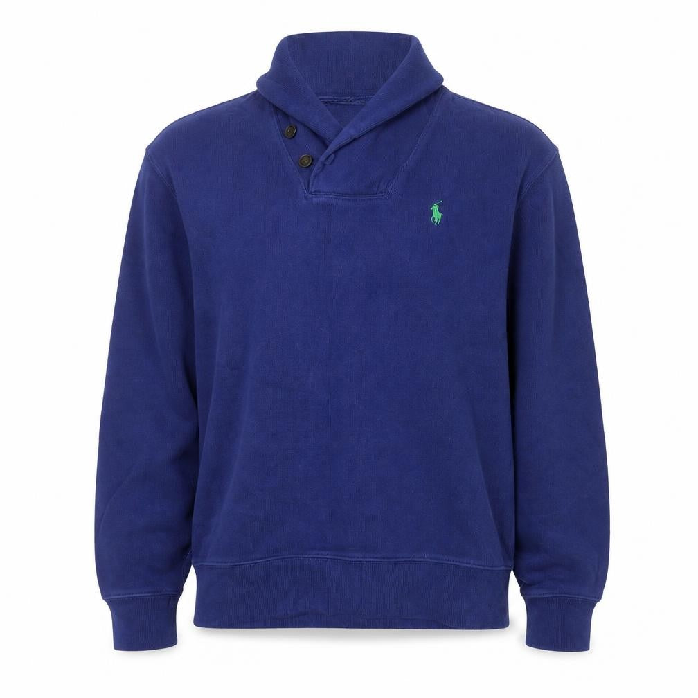 Front view of Ralph Lauren Men's Blue Henley Collared Cotton Sweatshirt, size S