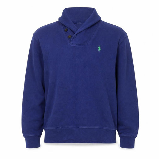 Front view of Ralph Lauren Men's Blue Henley Collared Cotton Sweatshirt, size S