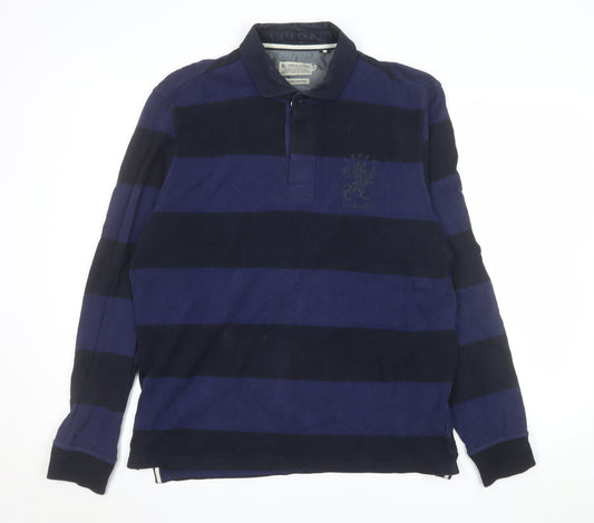 Tu Men's Blue Striped Long Sleeve Rugby Polo Shirt Size M 100% Cotton