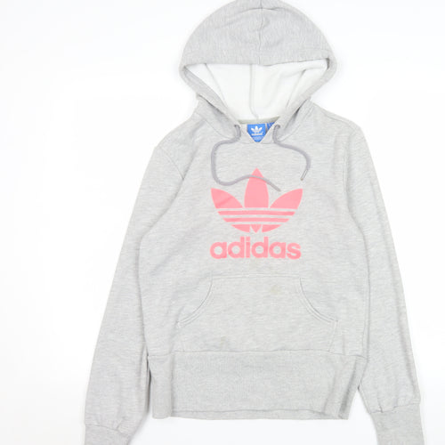 Adidas Women Grey Pink Logo Pullover Hoodie Size 14